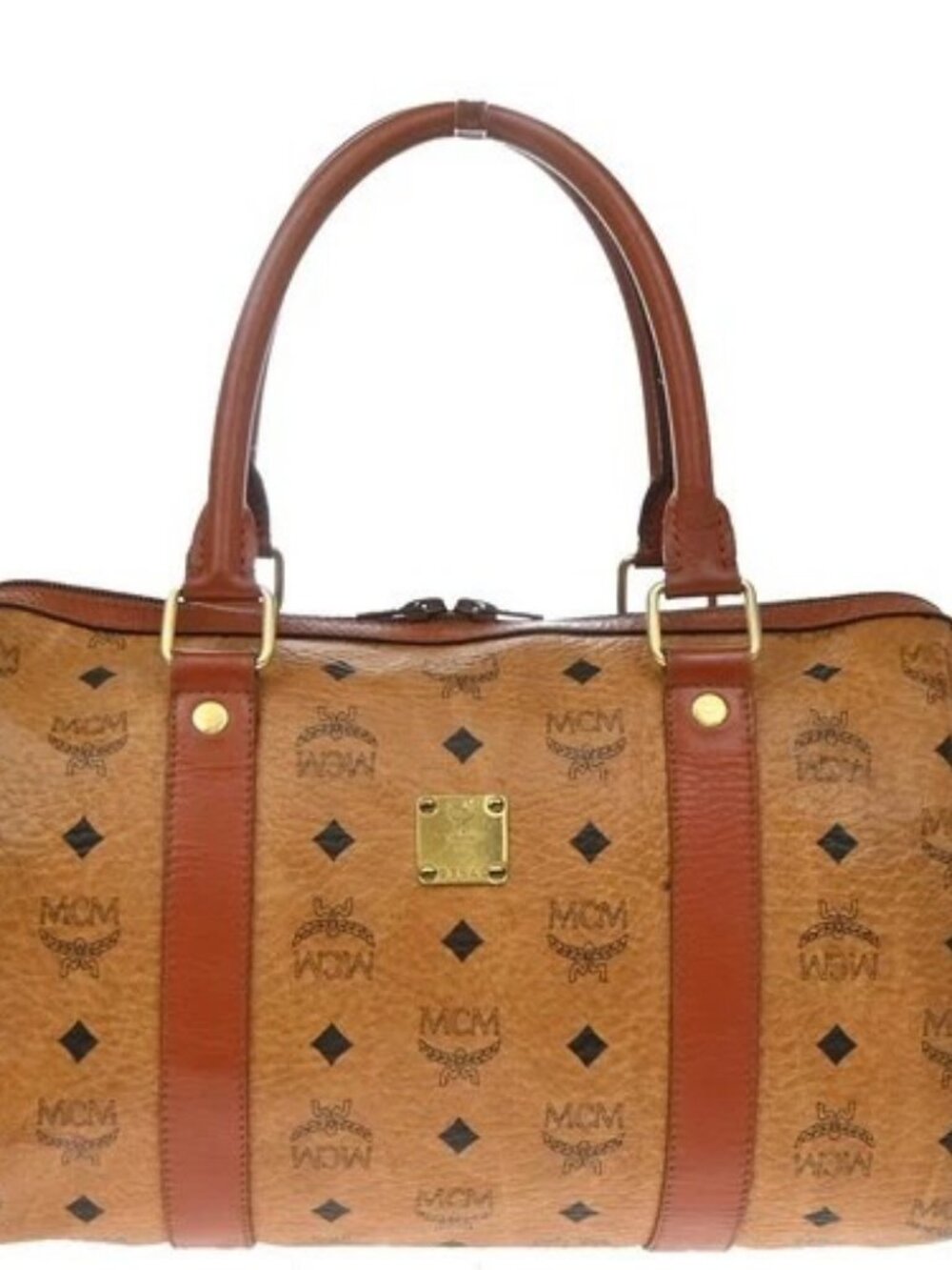 MCM Logo Visetos Pattern Travel Hand Bag Leather Brown Cognac GHW 67EG420